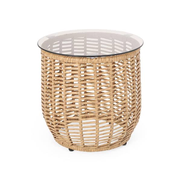 Unbranded Light Brown Rattan Boho Drum Side Table with Tempered Glass Top-Outdoor Patio Accent Table