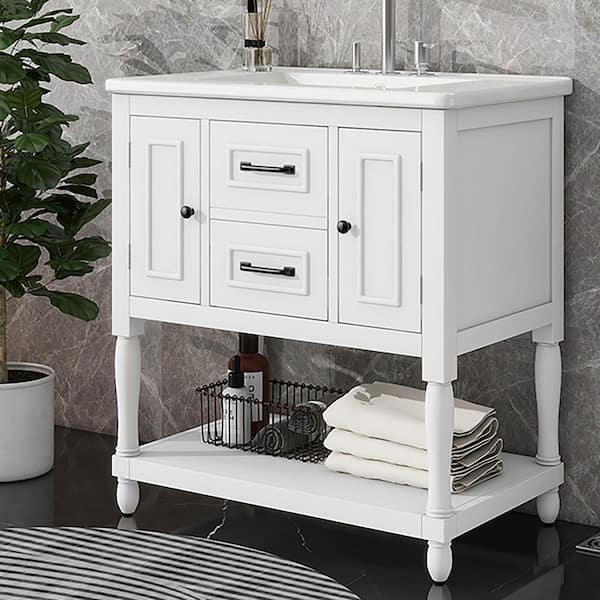 Staykiwi 30 in. W x 18.3 in. D x 32.5 in. H Single Sink Freestanding Bath Vanity in White with White Ceramic Top