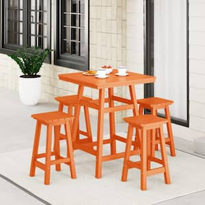 Laguna 5-Piece Fade Resistant HDPE Plastic Outdoor Patio Square Counter Height Bistro Set, Matching Barstools Orange