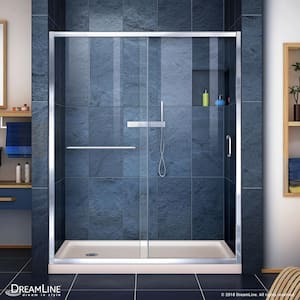 Infinity-Z 32 in. x 60 in. Semi-Frameless Sliding Shower Door in Chrome with Left Drain Shower Pan Base in Biscuit