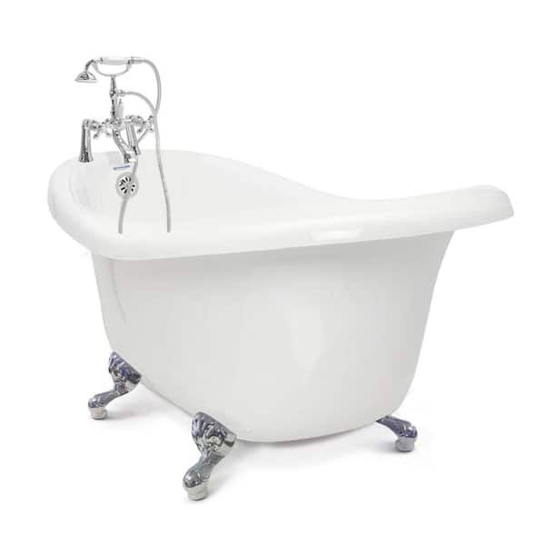 American Bath Factory Chelsea 60 in. Acrylic Slipper Clawfoot Bathtub Package in White with Chrome Imperial Feet and Deck Mount Faucet