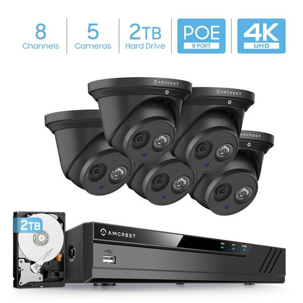 Amcrest 4K 8-Channel 2TB HDD NVR Surveillance System with (5) x 8MP Metal Turret Dome POE IP Cameras, IP67 Weatherproof (Black)