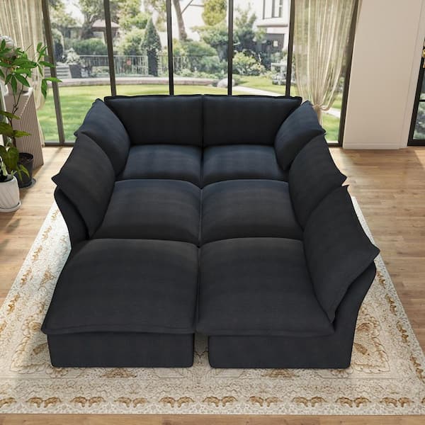 Pine Wood 123 in. Flared Arm 6-Piece Linen Oversized Modular Sectional Sofa with Washable Cover Storage Ottoman in Black