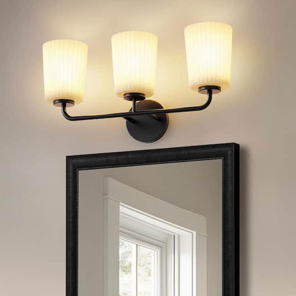 YANSUN 21 in. 3-Light Black Vanity Light with Cone White Glass Shades for Bathroom, Mirror, Entryway