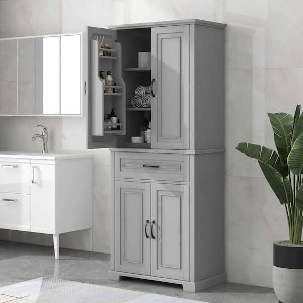 29.90 in. W x 15.70 in. D x 72.20 in. H in Gray Bathroom Storage Linen Cabinet with Doors, Drawer and Adjustable Shelf