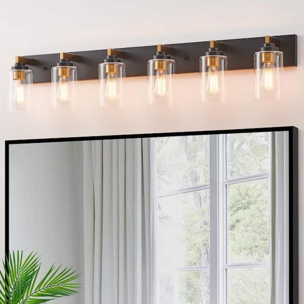 44 in. 6-Light Black and Gold Vanity Light with Clear Glass Shade