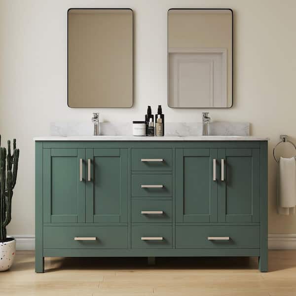 Thera 60in. W x 22in. D x 34 in. H Double Sink Freestanding Bath Vanity in Green w/ Large Vein White Cultured Marble Top