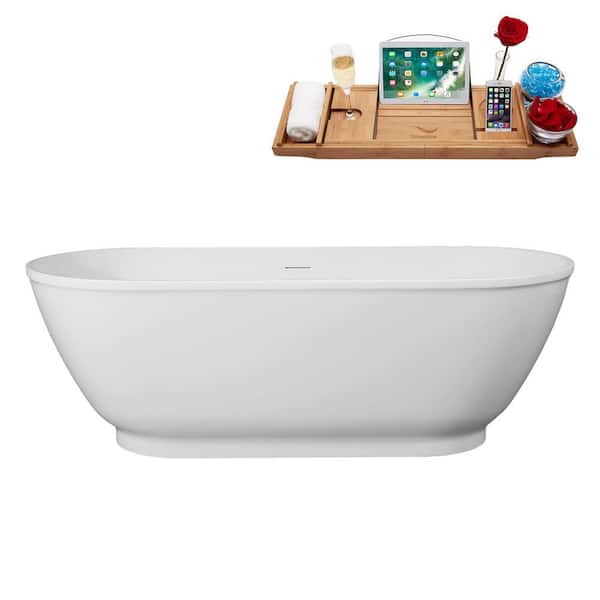 Streamline 67 in. x 29 in. Acrylic Freestanding Soaking Bathtub in Glossy White with Matte Oil Rubbed Bronze Drain, Bamboo Tray