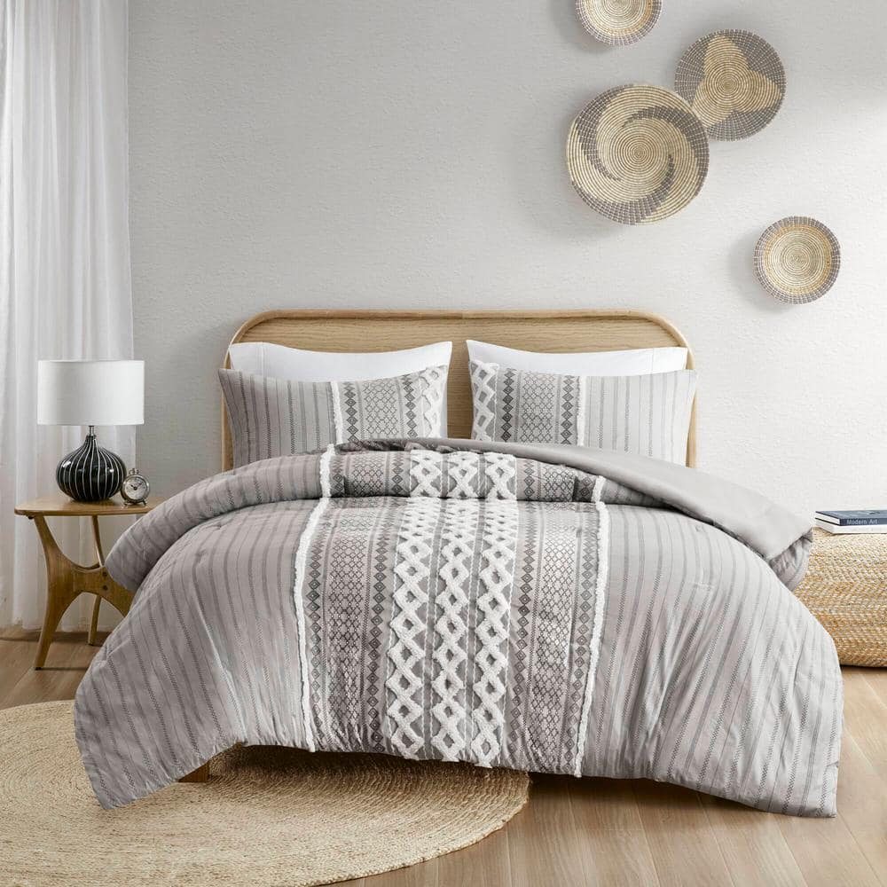 Gray Full Cotton Reversible Comforter Set with Chenille