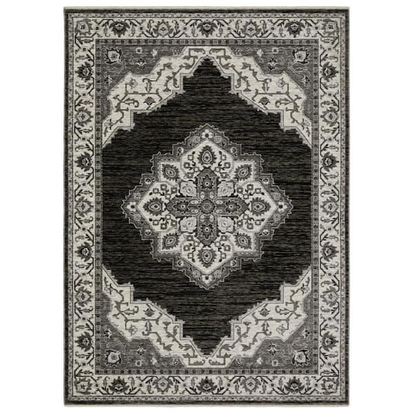 7 ft. x 10 ft. Charcoal and Ivory Medallion Area Rug with Fringe