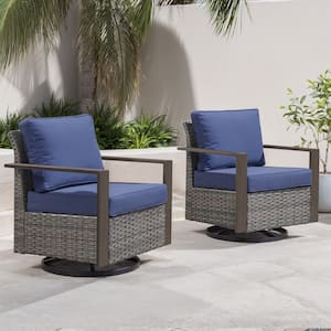 MetalWood Metal and Gray Wicker Outdoor Rocking Chair Patio Swivel Chairs with Olefin Navy Blue Cushions (2-Pack)