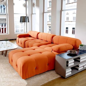 113.4 in. Free Combination Minimalist L Shape Sofa 4-Wide Seats Tufted Teddy Velvet Sectional Couch with Ottoman, Orange