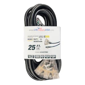 25 ft. 12-Gauge/3 Conductors, 3-Outlet 3-Prong, SJTW Indoor/Outdoor Extension Cord with Lighted End Black (1-Pack)