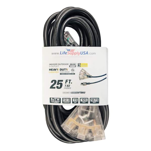 LifeSupplyUSA 25 ft. 12-Gauge/3 Conductors, 3-Outlet 3-Prong, SJTW Indoor/Outdoor Extension Cord with Lighted End Black (1-Pack)