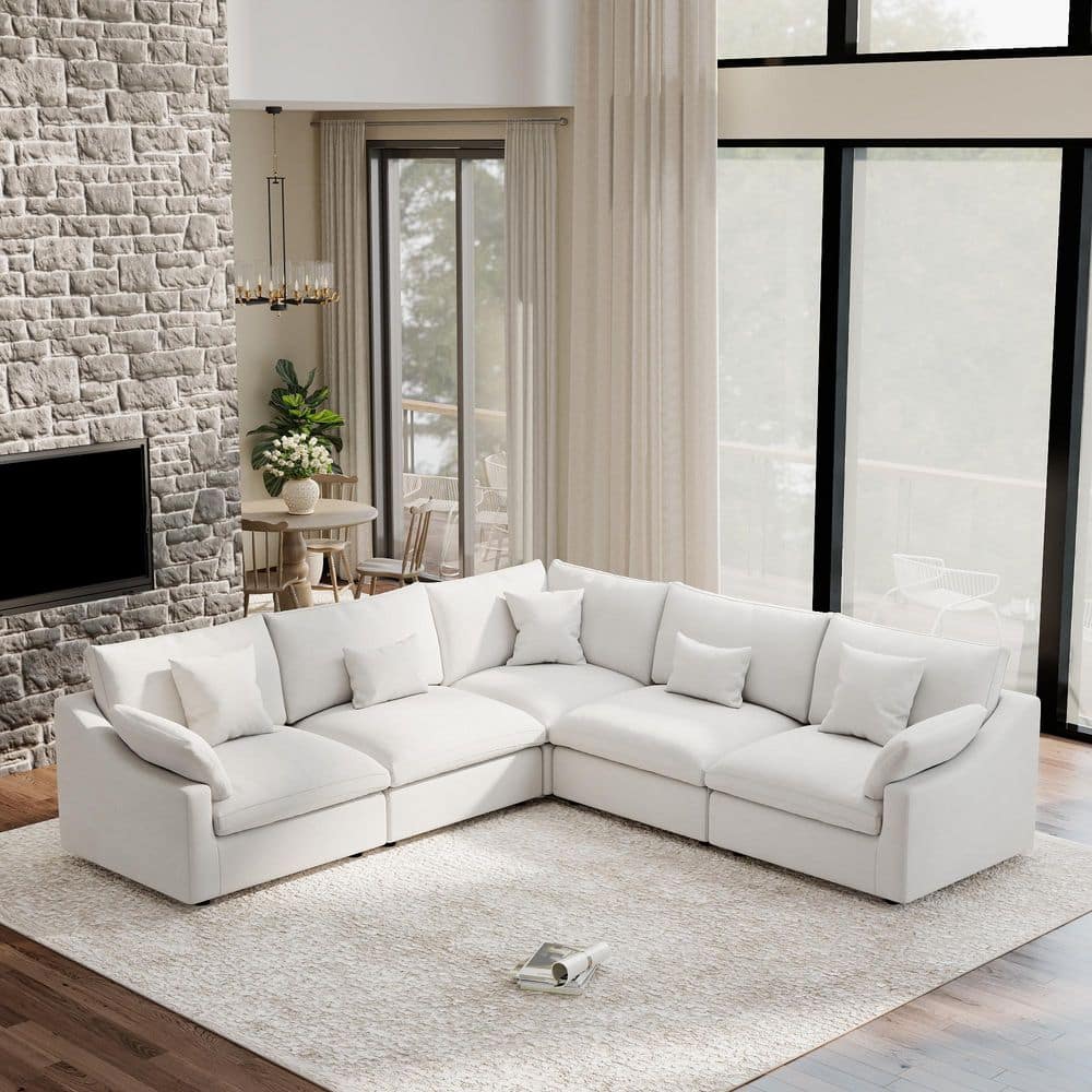 119.2 in. Slope Arm 5-piece Linen Deep Seat Feather Modular Corner Sectional Sofa with Removable Covers in. Beige