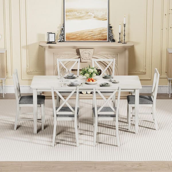 VECELO Farmhouse Dining Table Set, 7-Piece Wood Kitchen Table with X-Back Chairs and Padded Seats, Gray Dining Set Style 1