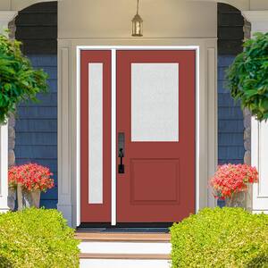 Legacy 53 in. x 80 in. 1/2 Lite Rain Glass LHOS Primed Morocco Red Finish Fiberglass Prehung Front Door w/14 in. SL