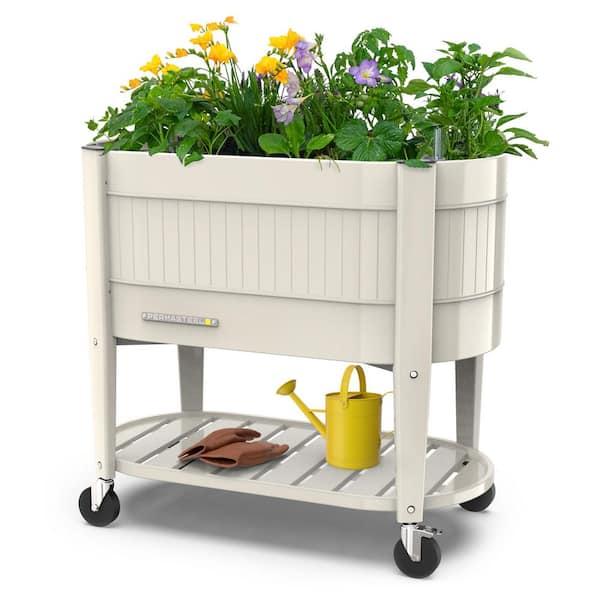 39 in. L x 19.25 in. W x 14.5 in. H Raised Steel Garden Bed with EnGrow TrueSoil Technology, Storage Shelf, Ivory