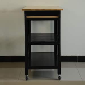 Black Wood Top Kitchen Cart with Drawers 2 Lockable Wheels Simple Design to Display Foods and Utensil Clearly