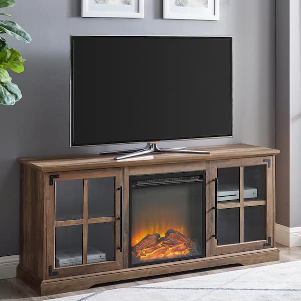 Welwick Designs 60 in. Reclaimed Barnwood Composite TV Stand Fits TVs Up to 65 in. with Electric Fireplace