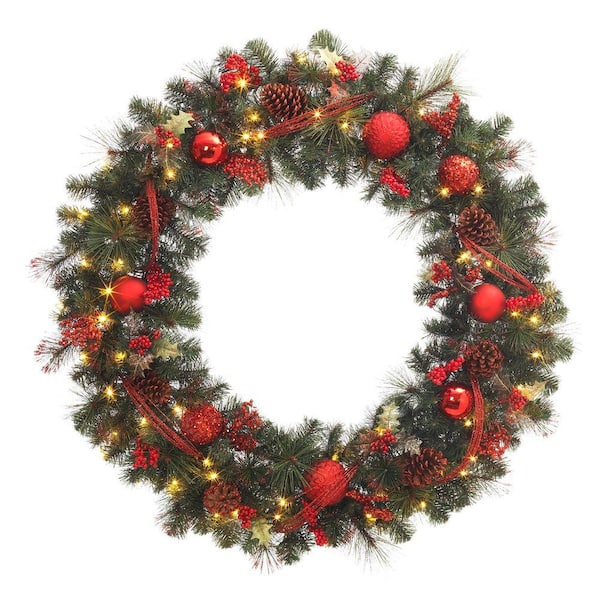 Home Accents Holiday 48 in. Battery Operated Red Accented Artificial Wreath with 60 Clear LED Lights