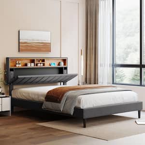 Gray Wood Frame Upholstered Queen Size Platform Bed with Storage Headboard and USB Ports, Linen Fabric Upholstered Bed