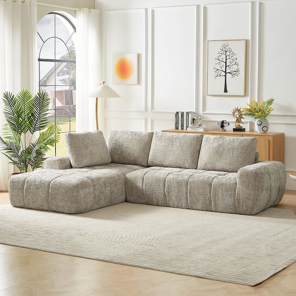Vandal Mnimalist 111.4 in. Chenille Upholstered L-Shaped Compressed Sectional Sofa in. Brown, Khaki