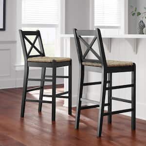 Dorsey Charcoal Black Wood Bar Stool with Back and Woven Rush Seat