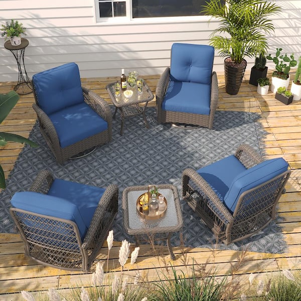 6-Piece Patio Wicker Conversation Set with Blue Cushions and Side Table-Swivel, Rock, and Relax in Style