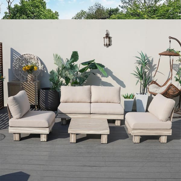 Choi 5-Piece Aluminum Outdoor Patio Wood Grain Sectional Conversation Set with White Cushions
