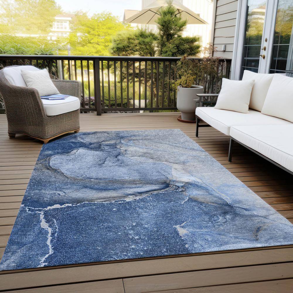 Navy Blue Abstract Synthetic 3'x5' Washable Outdoor Rug