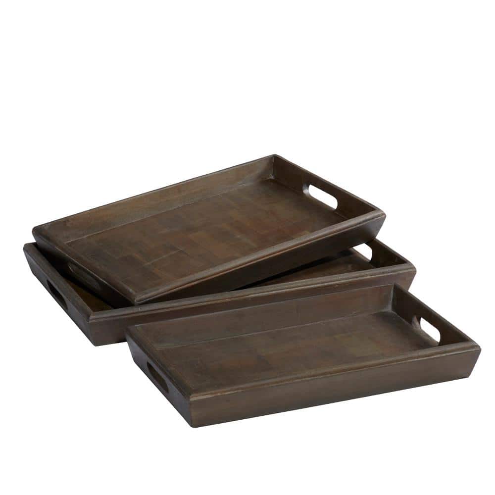 Litton Lane Brown Wood Contemporary Tray (Set of 3) 28825 - The Home Depot