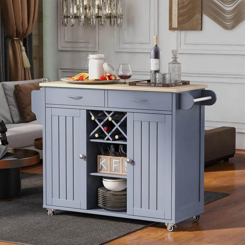 FAMYYT Blue Wood Desktop 48 in. Kitchen Island with Wine Rack and Four ...