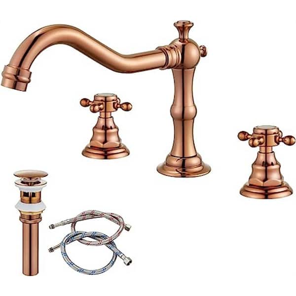 Dyiom Widespread Bathroom Faucet Rose Gold 3-Holes Deck Mounted Basin Mixer Tap with Pop Up Drain-Word Bath Accessory Set