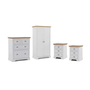 2 Nightstand, 1 Wardrobe, and a Dresser in White Solid Wood with a Pine Wood Top Bedroom Set