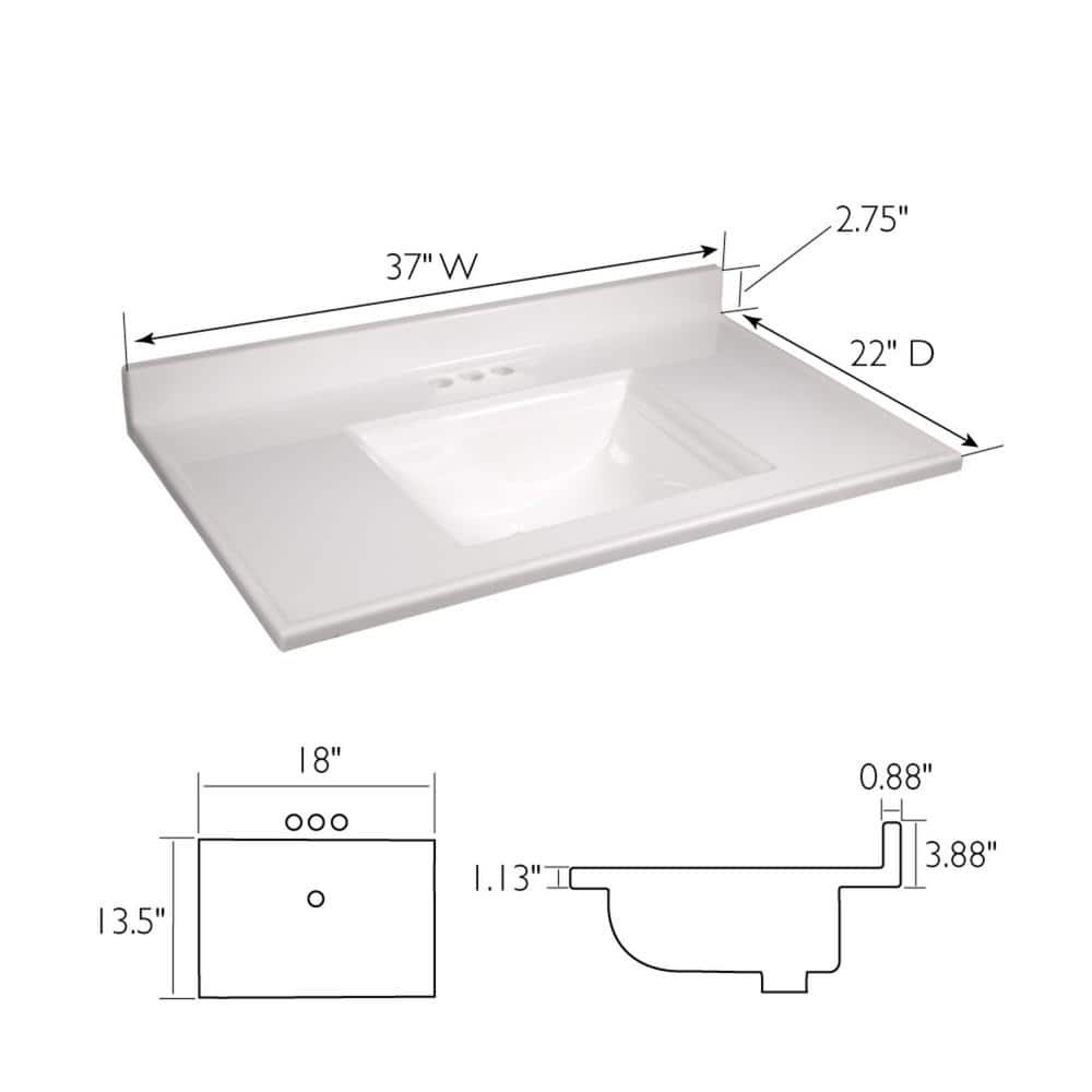 Camilla 37-Inch Solid White Cultured Marble Vanity Top
