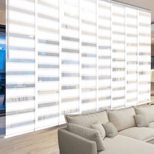 EMOH Spotlight 130 in. - 175 in. W x 116 in. L Adjustable 8-Panel White Double Rail Panel Track with 23.5 in. Slates