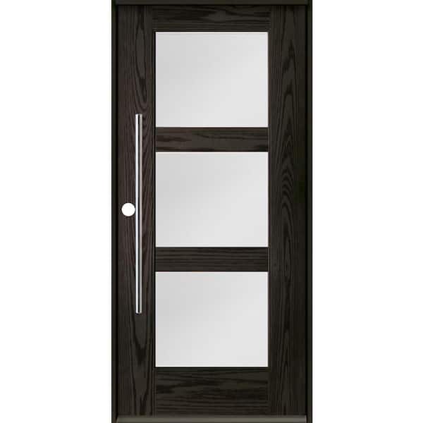Krosswood Doors Modern Faux Pivot 36 in. x 80 in. 3-Lite Right-Hand/Inswing Satin Glass Baby Grand Stain Fiberglass Prehung Front Door