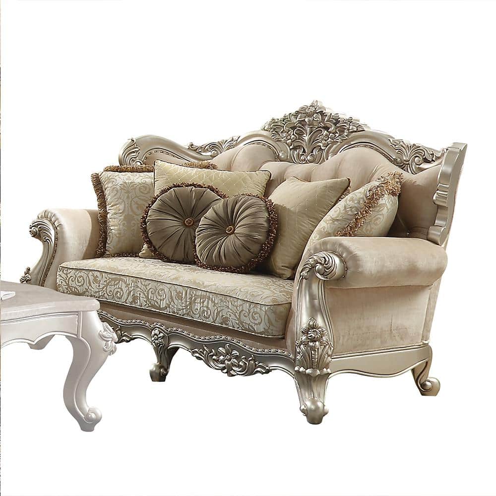 Champagne Beige Tufted Linen Rolled Arm Loveseat with Nailhead Trim