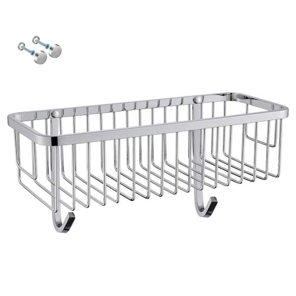Stainless Steel Wall Mounted Rectangle Shower Caddy Shower Basket with 2-Hooks in Polished Chrome