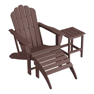 Aderson 3-Piece All Weather Outdoor Patio HDPE Adirondack Chair with Cupholder, Side Table and Ottoman in Dark Brown