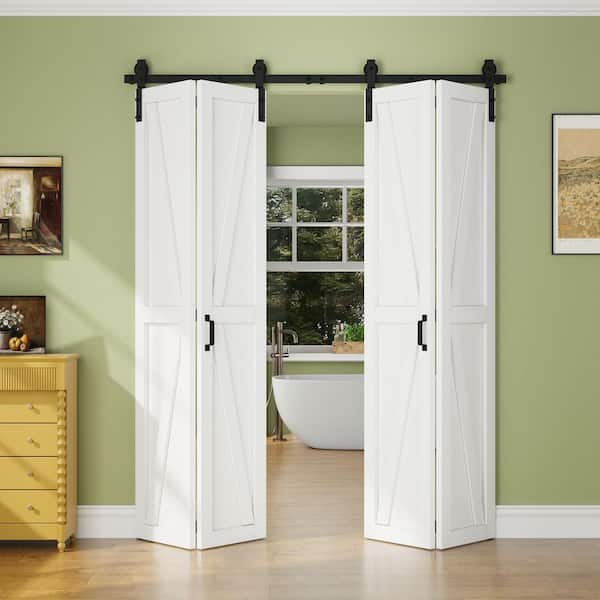 64 in. x 84 in. Paneled White Finished MDF British K Shape Bifold Sliding Barn Door with Hardware Kit