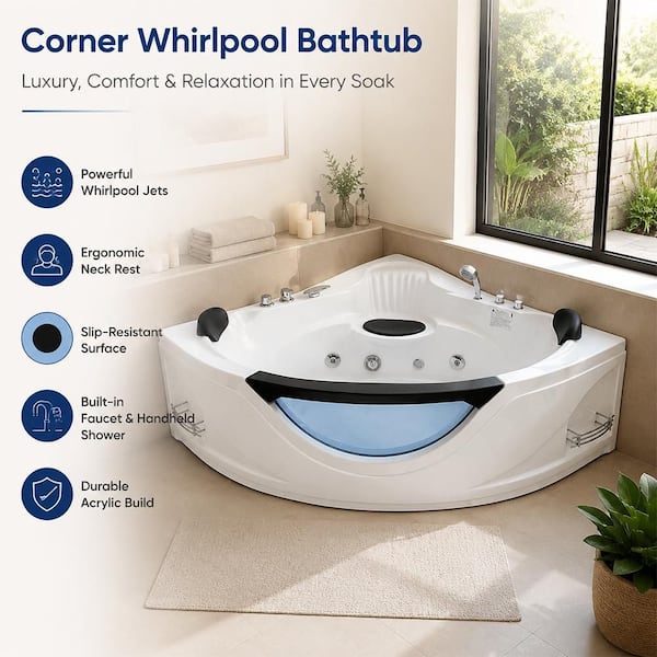 59 in. x 59 in. 2-Person Corner Acrylic Flatbottom Freestanding Whirlpool Bathtub in White with Faucets