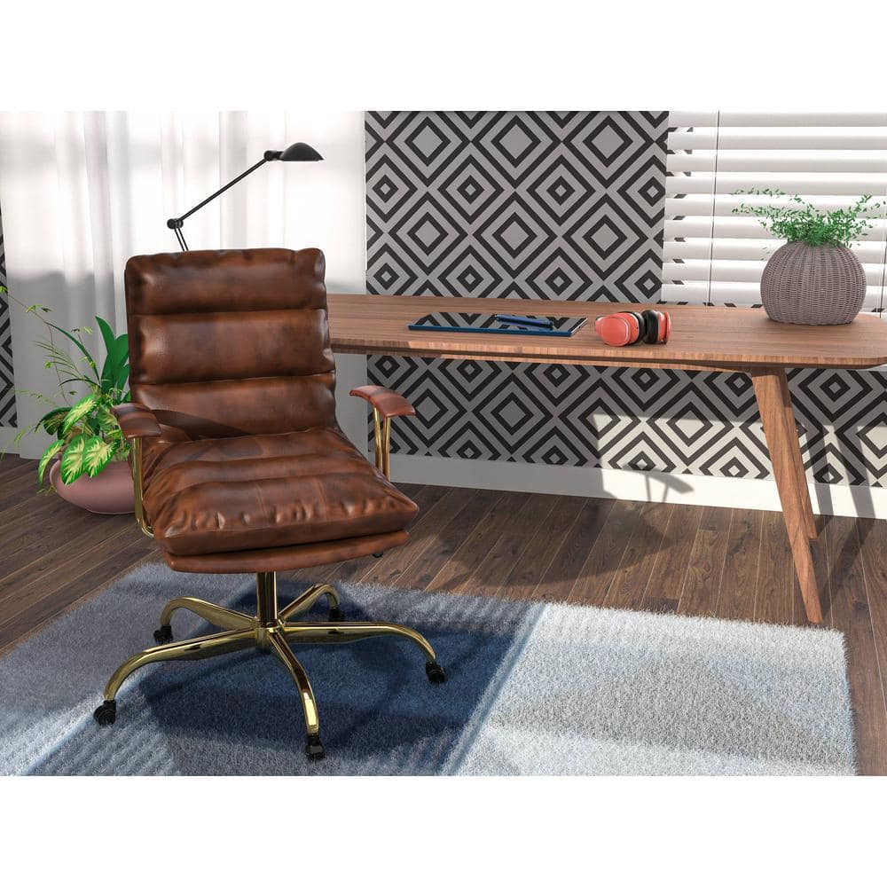 Walnut Brown Leather Executive Swivel Office Chair with Gold Base