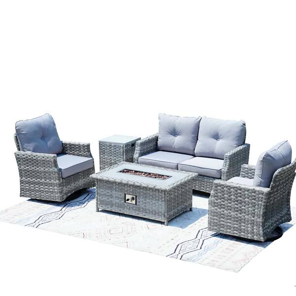 moda furnishings James 5-Piece Wicker Patio Conversation Set with Gray Cushions