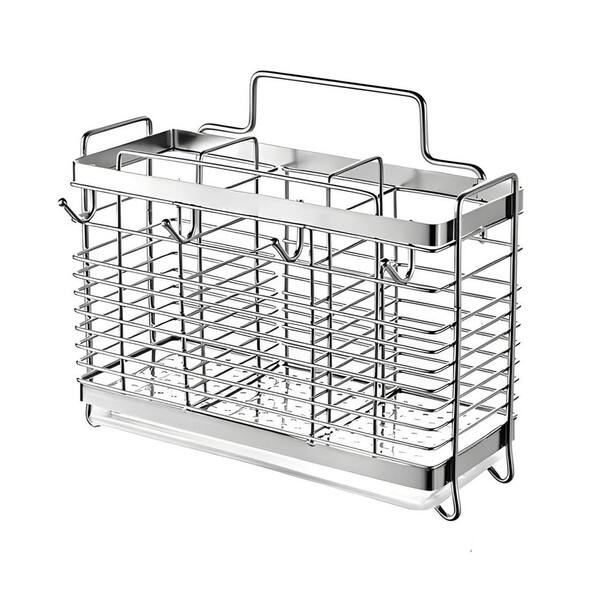 Silver Stainless Steel Utensil Holder with Drain Tray Kitchen Counter Drainer Basket for Cutlery and Flatware