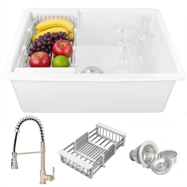 KS 27 in. Undermount Single Bowl White Fireclay Kitchen Sink with Faucets and Basket Strainer