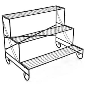 3 Tier Outdoor Black Metal Plant Stand with Grid Shelf