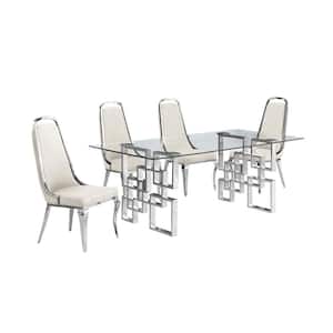 Dominga 5-Piece Glass Top with Stainless Steel Set with 4 Cream Velvet Chairs