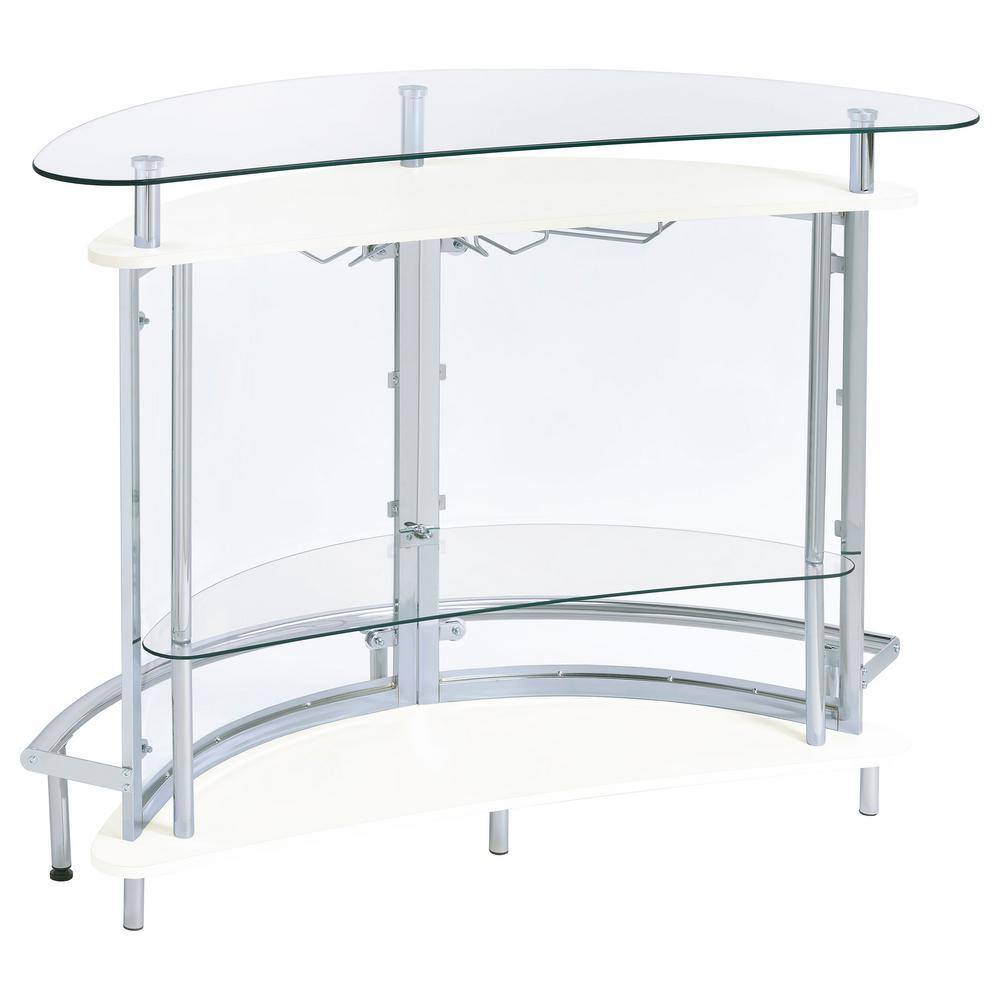 White and Chrome Glass Top Freestanding Home Bar Cabinet